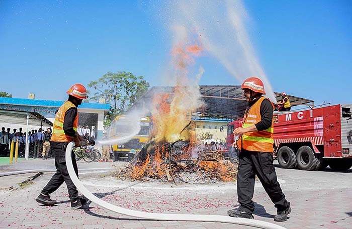 The Civil Defence Volunteers are conducting a drill during the National Resilience Day organized by Chief Warden & Members of Civil Defence Organization at FG Boys School F8/3.