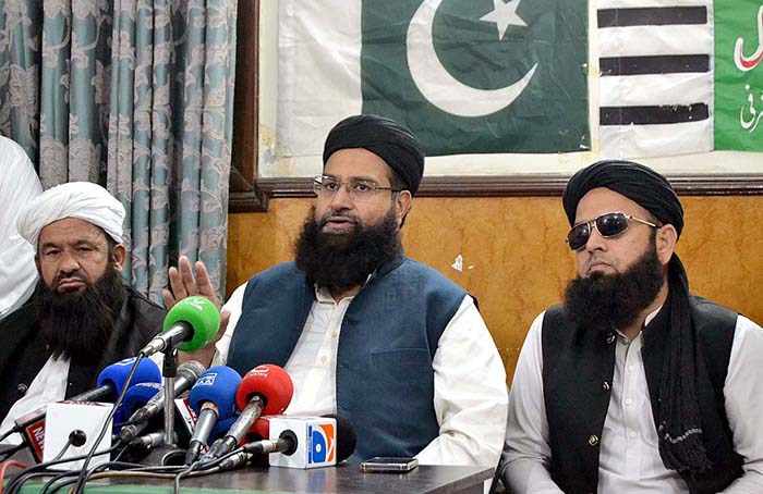 Pakistan Ullema Council Chairman Allama Tahir Ashrafi is addressing a press conference in Baitul Amman